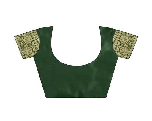 Dark Green Banarasi Silk Saree - Dark green silk blouse with gold zari sleeve border