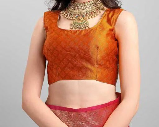 Close-up of model in orange zari blouse with pink Banarasi saree