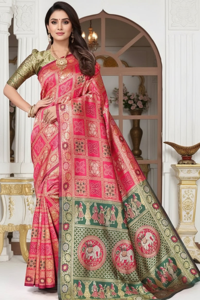 Pink Patola Silk Saree - Full front drape view