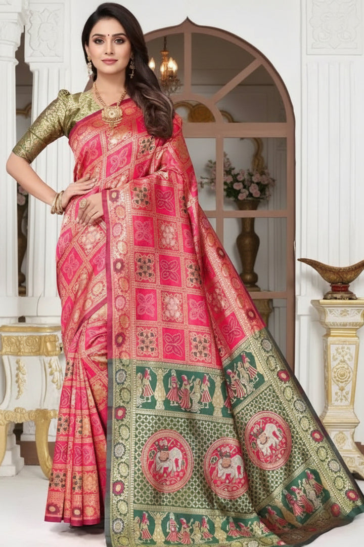 Pink Patola Silk Saree - Full front drape view