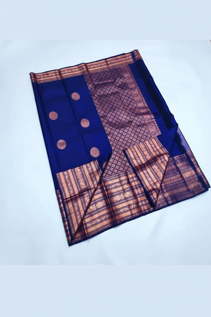 Royal Blue Kanjipuram Silk Saree - Flat lay showing copper zari border and pallu