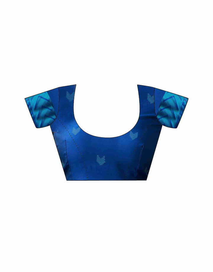 Blouse flat-lay of navy blue silk blouse showing round neck, teal heart butta motifs, and teal chevron sleeve border