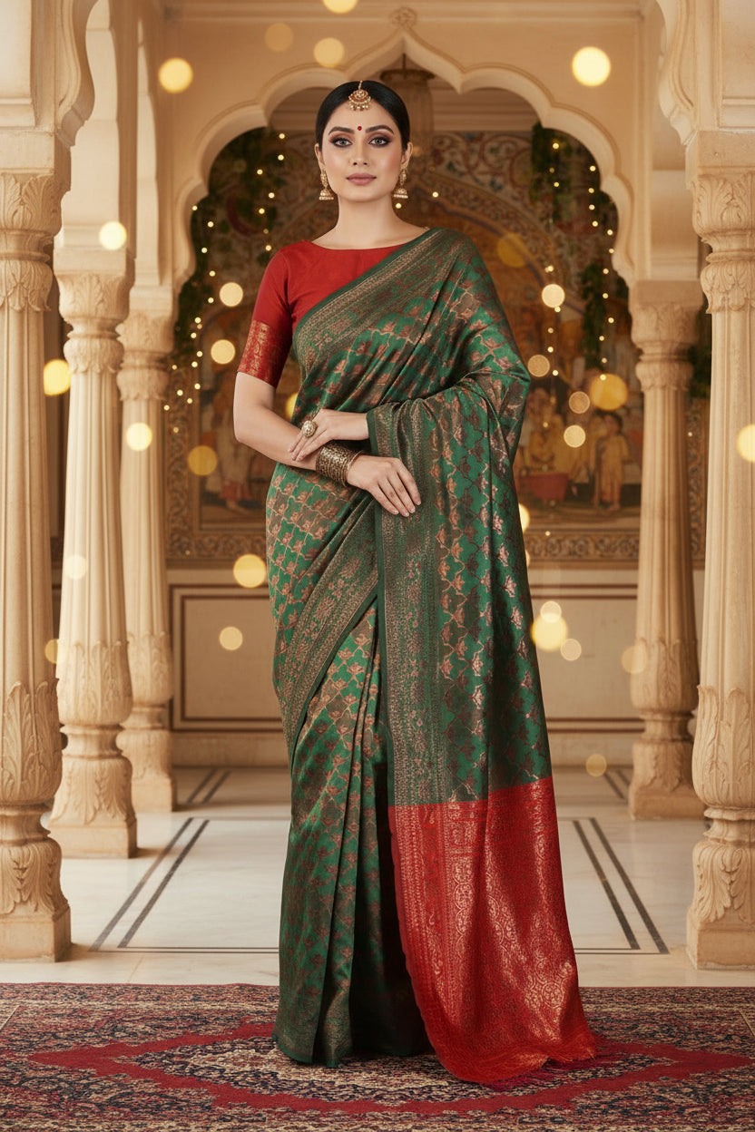Back view of model in forest green Banarasi silk saree showing all-over copper zari shell jaal and dramatic red contrast pallu