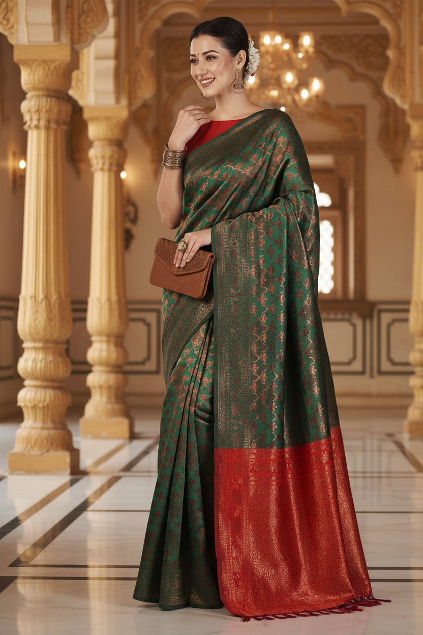 Three-quarter front view of model in forest green Banarasi silk saree with copper zari shell jaal and red border