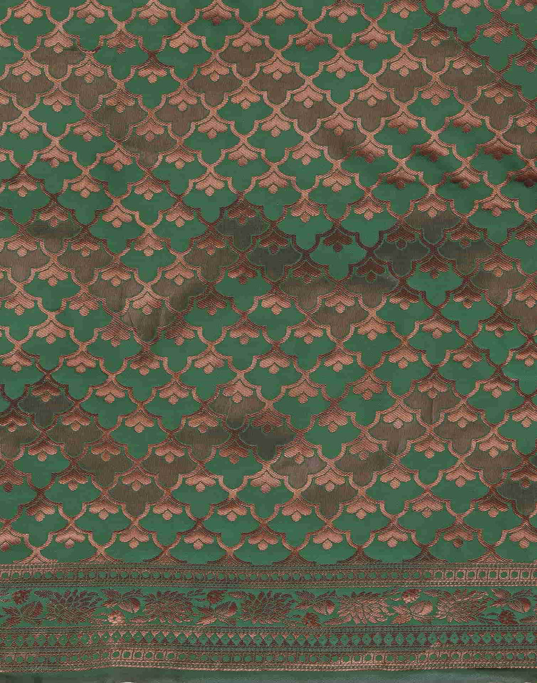 Blouse flat-lay of red silk blouse showing round neck and copper zari floral sleeve border design