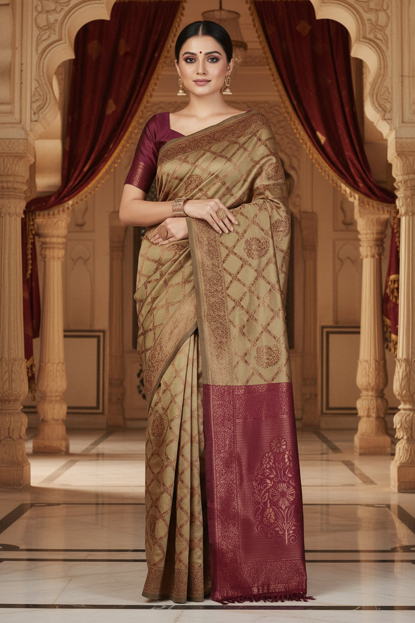 Close-up portrait of model in golden beige Banarasi silk saree with copper zari diamond jaal and maroon blouse