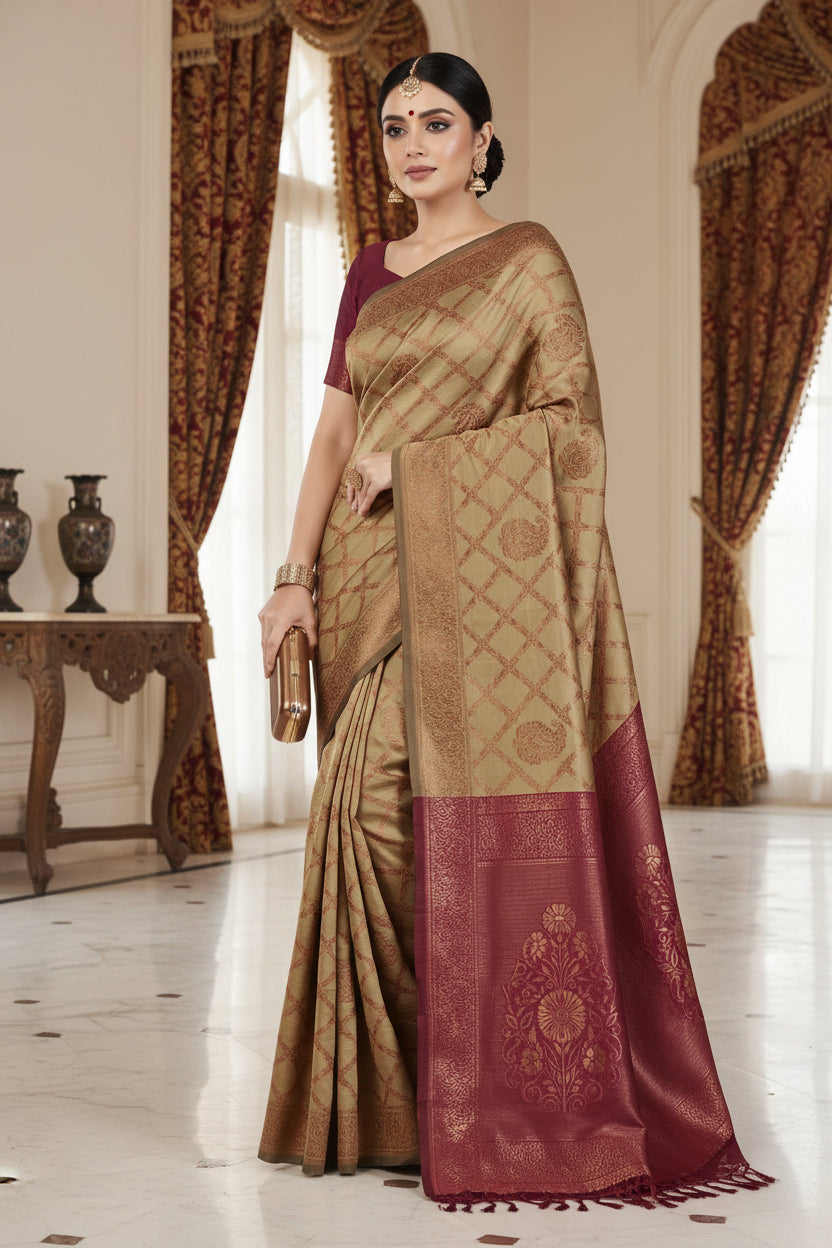 Close-up portrait of model in maroon silk blouse with copper zari floral sleeve border and sweetheart V-neck