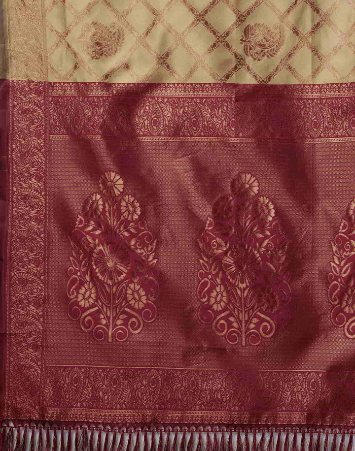 Full drape view of golden beige Banarasi silk saree showing all-over copper zari diamond jaal and contrasting maroon pallu