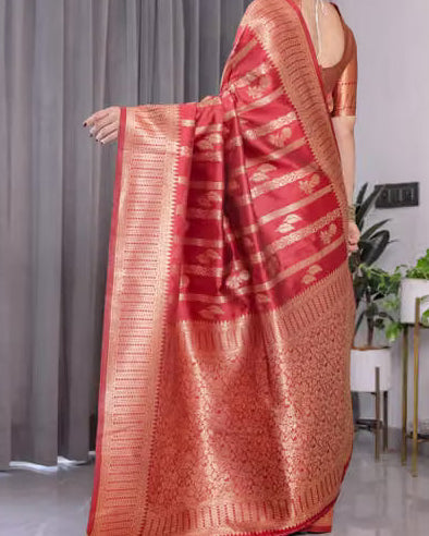Red Banarasi silk saree with gold zari - back drape view