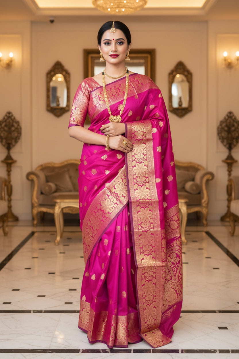 Full front view of model in rani pink Banarasi silk saree with gold zari buttas and temple jewellery