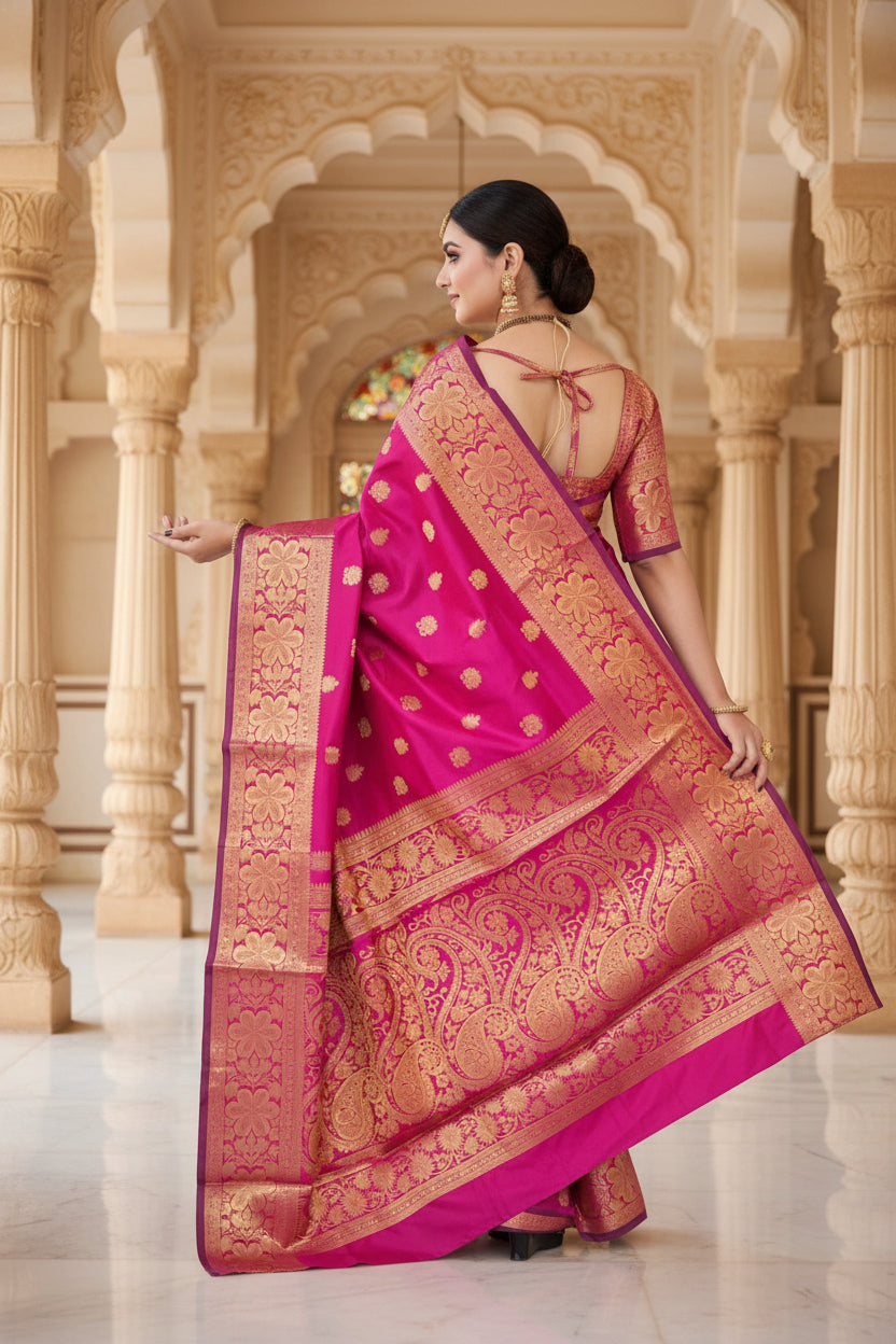 Back view of model in rani pink Banarasi silk saree showing grand gold zari jaal pallu