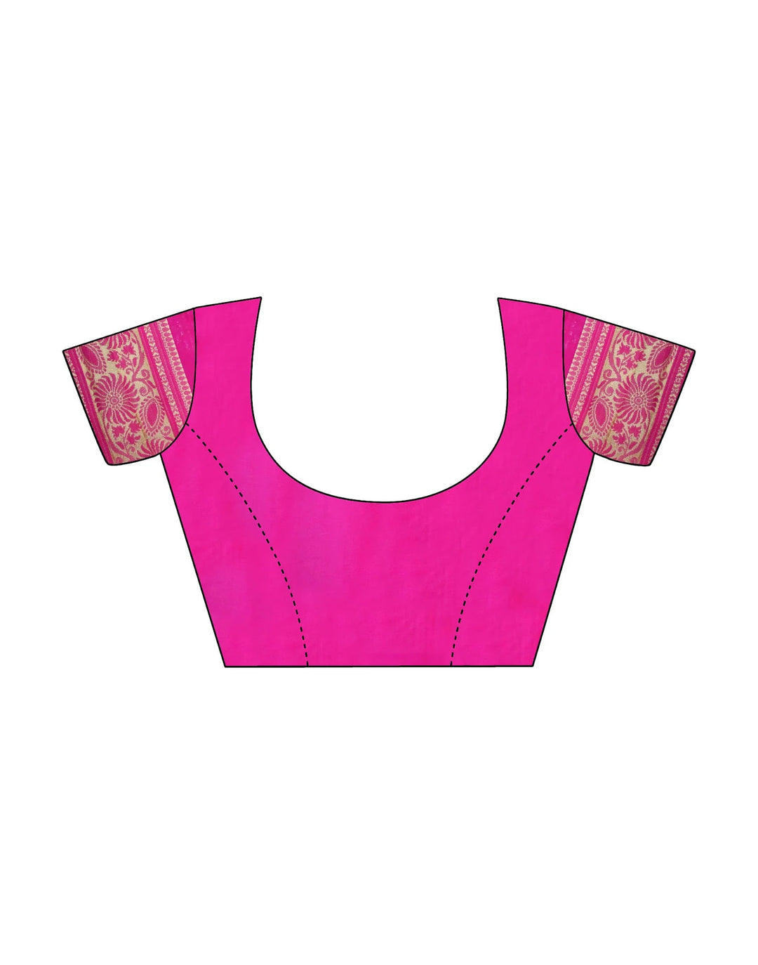 Blouse flat-lay showing rani pink silk blouse with gold zari floral sleeve border and round neck design