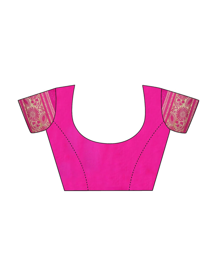 Blouse flat-lay showing rani pink silk blouse with gold zari floral sleeve border and round neck design