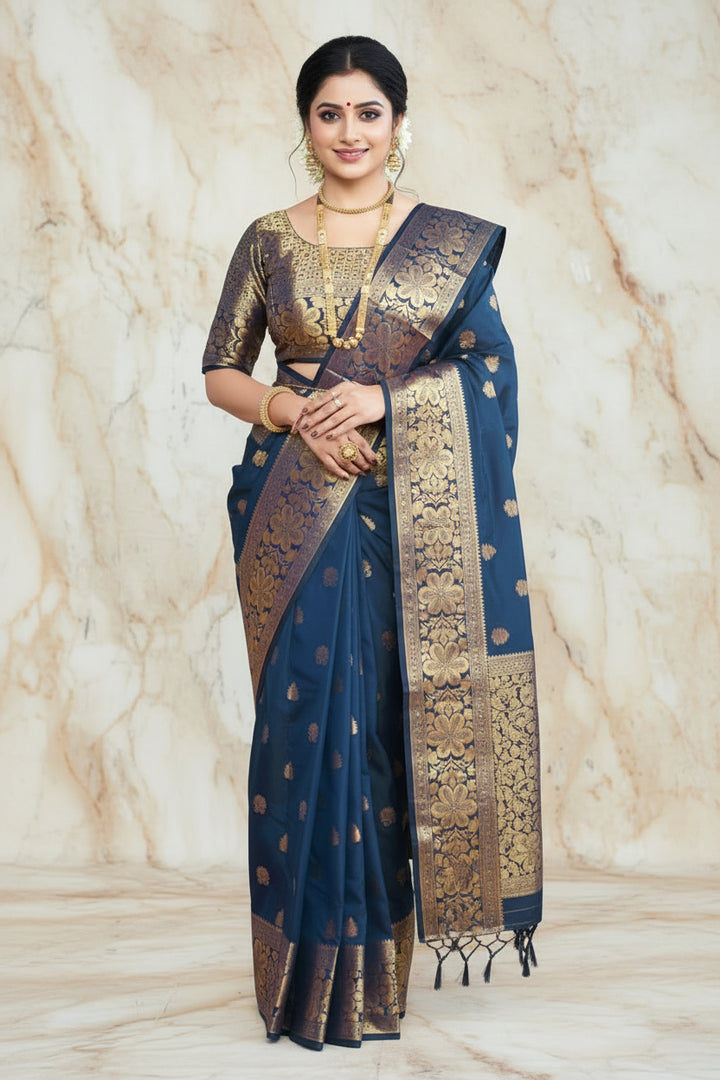 Rama Blue Banarasi Silk Saree with Dense Gold Zari Paisley Pallu &amp; Self-Brocade Blouse