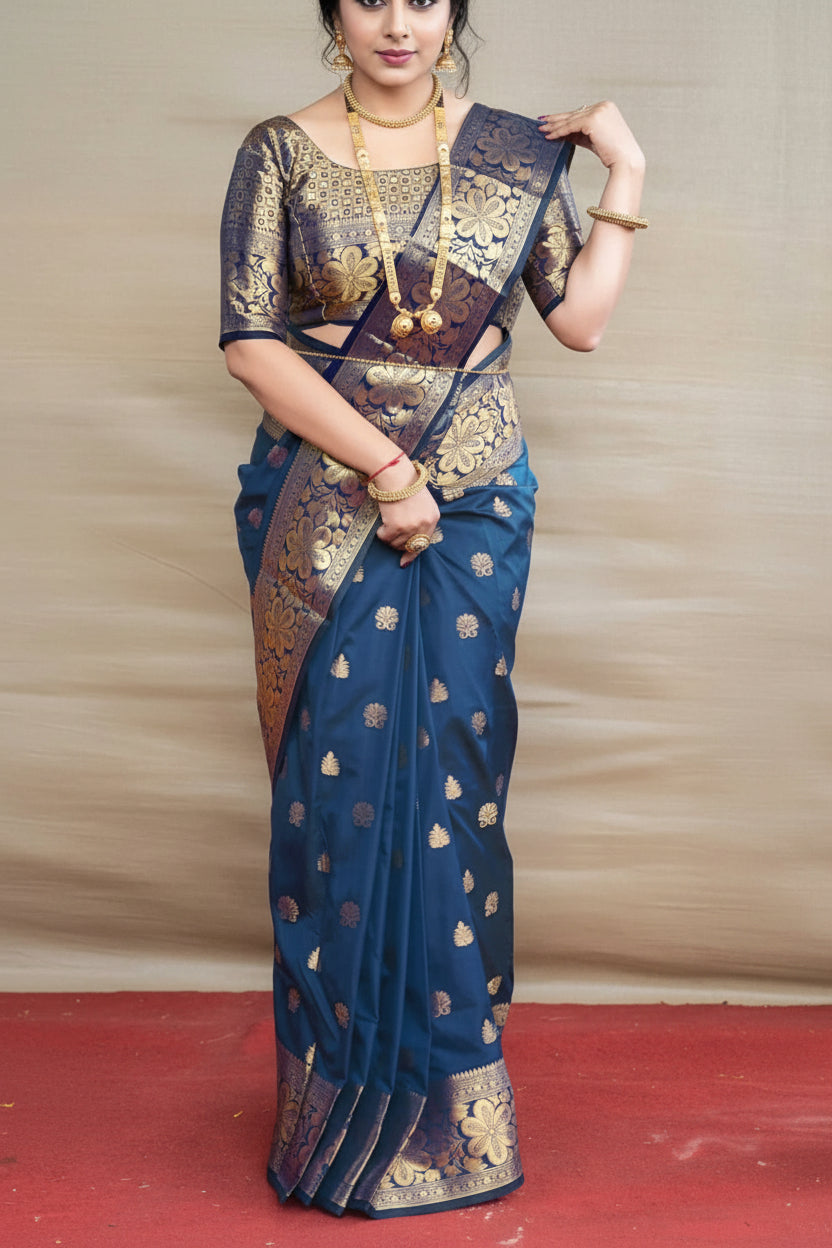 Rama Blue Banarasi Silk Saree with Dense Gold Zari Paisley Pallu &amp; Self-Brocade Blouse
