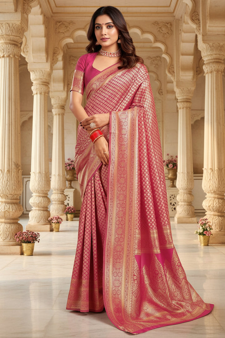 Hot pink Banarasi silk saree side drape view