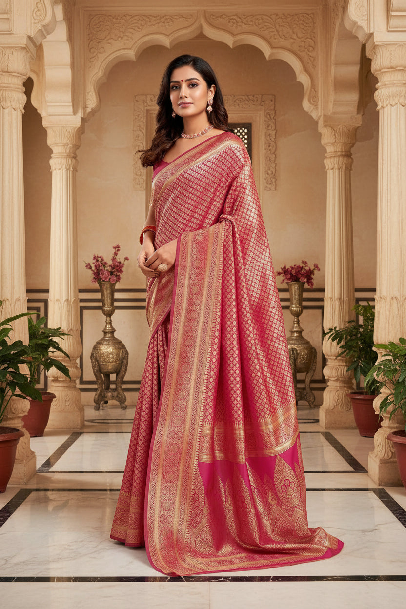 Hot pink Banarasi saree back drape view