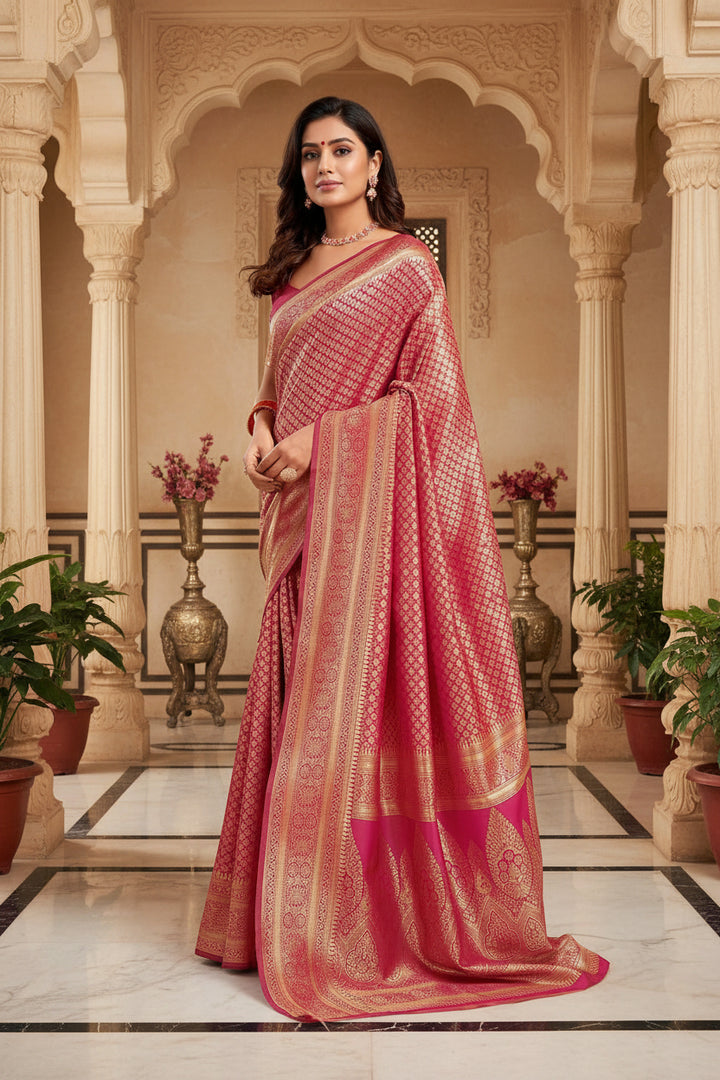 Hot pink Banarasi saree back drape view