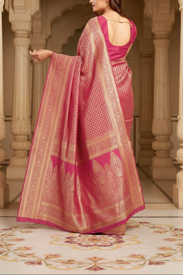 Hot pink Banarasi saree close-up drape portrait