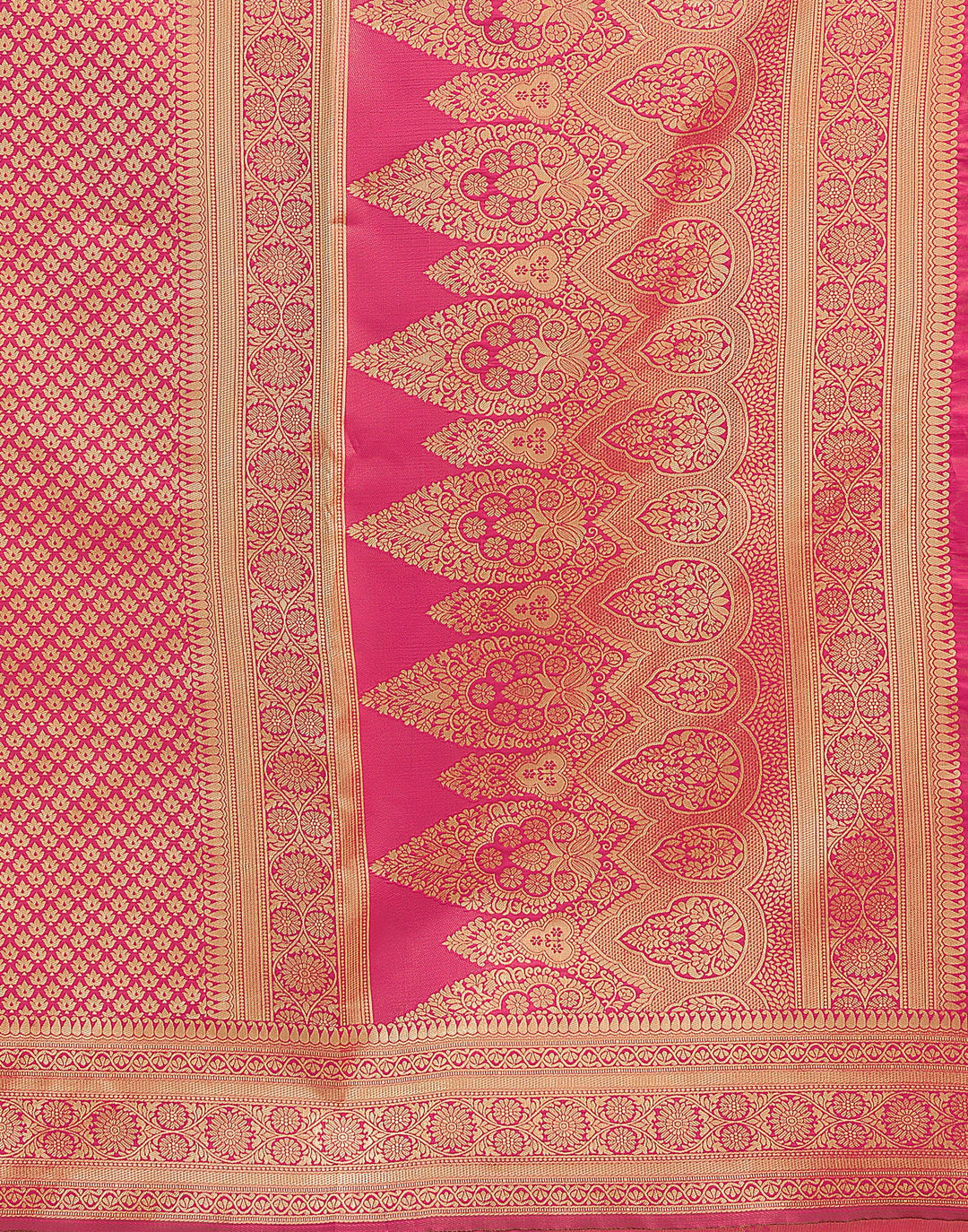 Hot pink Banarasi saree blouse piece flat lay