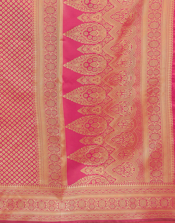Hot pink Banarasi saree blouse piece flat lay