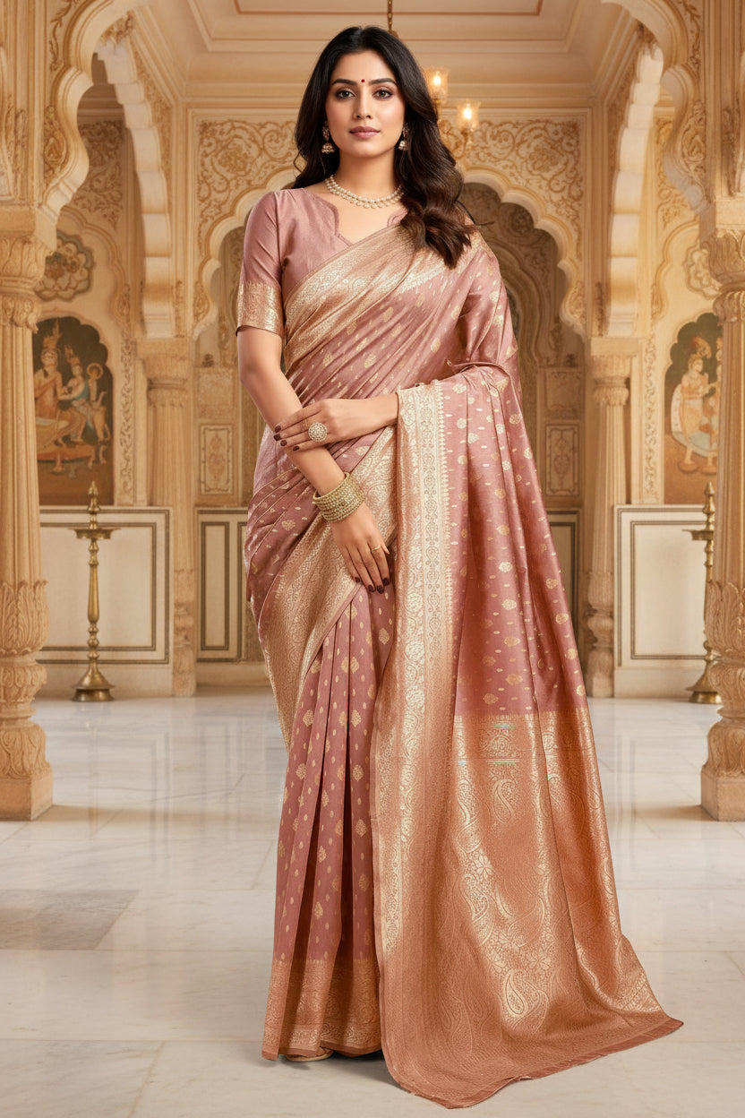 Full front view of model in dusty rose Banarasi silk saree with antique gold zari paisley buttas and pearl jhumkas outdoors