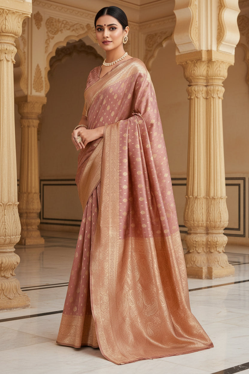 Three-quarter view of model in dusty rose Banarasi silk saree with antique gold zari buttas leaning against pillar outdoors