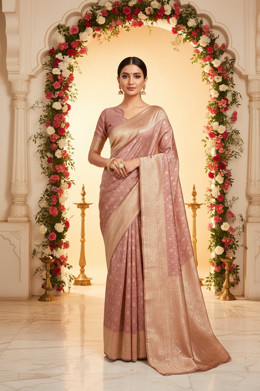 Full front view of model in dusty rose Banarasi silk saree with antique gold zari paisley buttas and pearl choker necklace