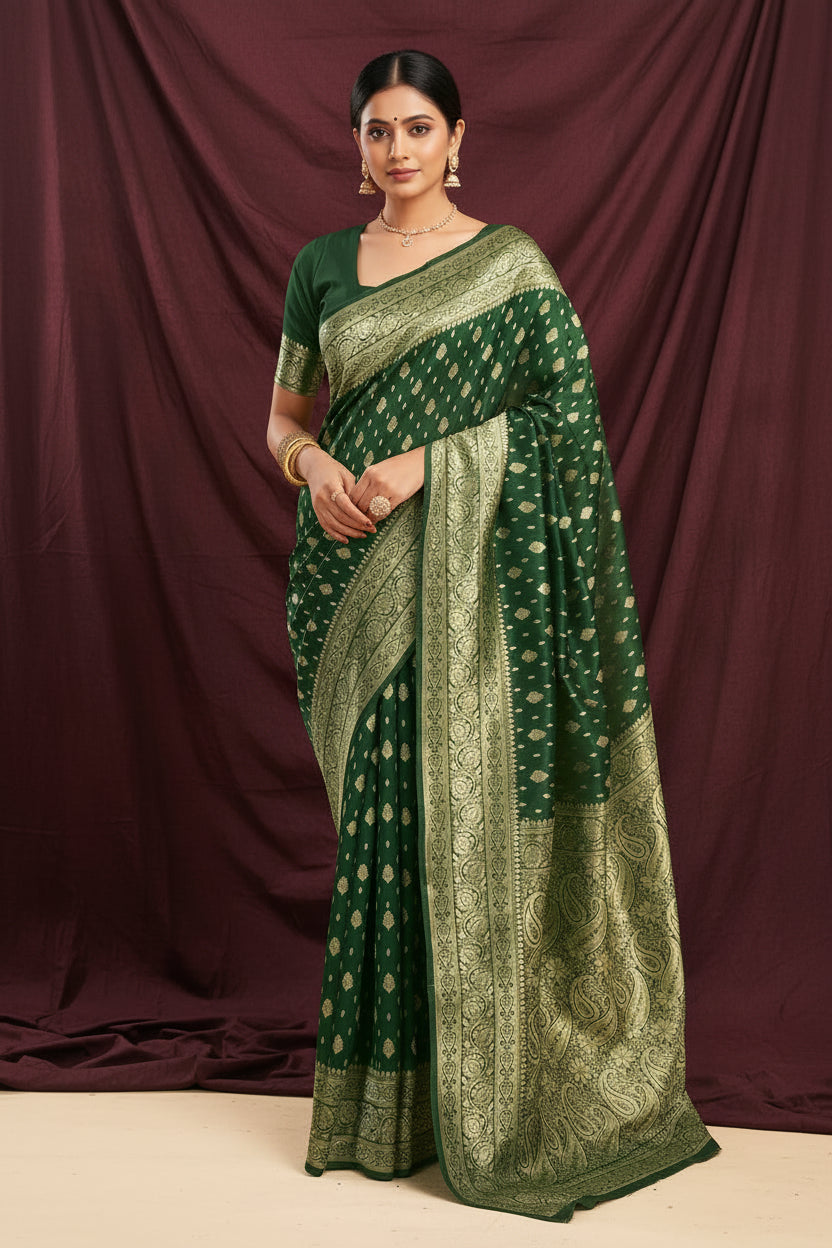 Bottle Green Banarasi Silk Saree with Gold Zari Paisley Weave