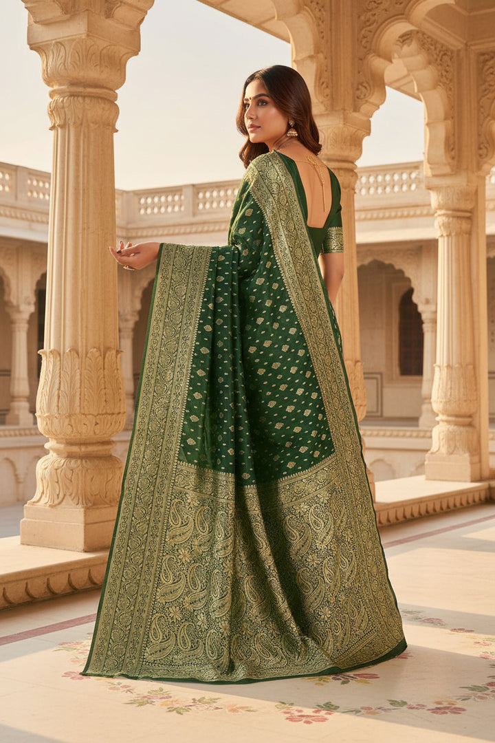 Bottle Green Banarasi Silk Saree with Gold Zari Paisley Weave