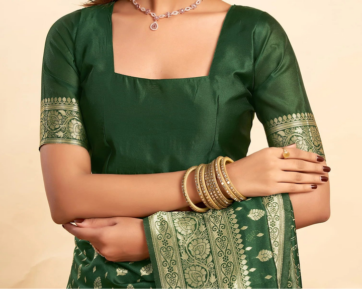Bottle Green Banarasi Silk Saree with Gold Zari Paisley Weave