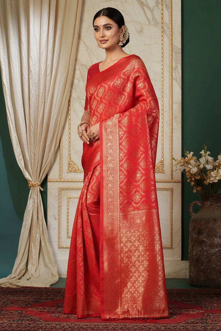 Back view of model in red Banarasi silk saree showing all-over gold zari ogee jaal weave and deep V-back blouse