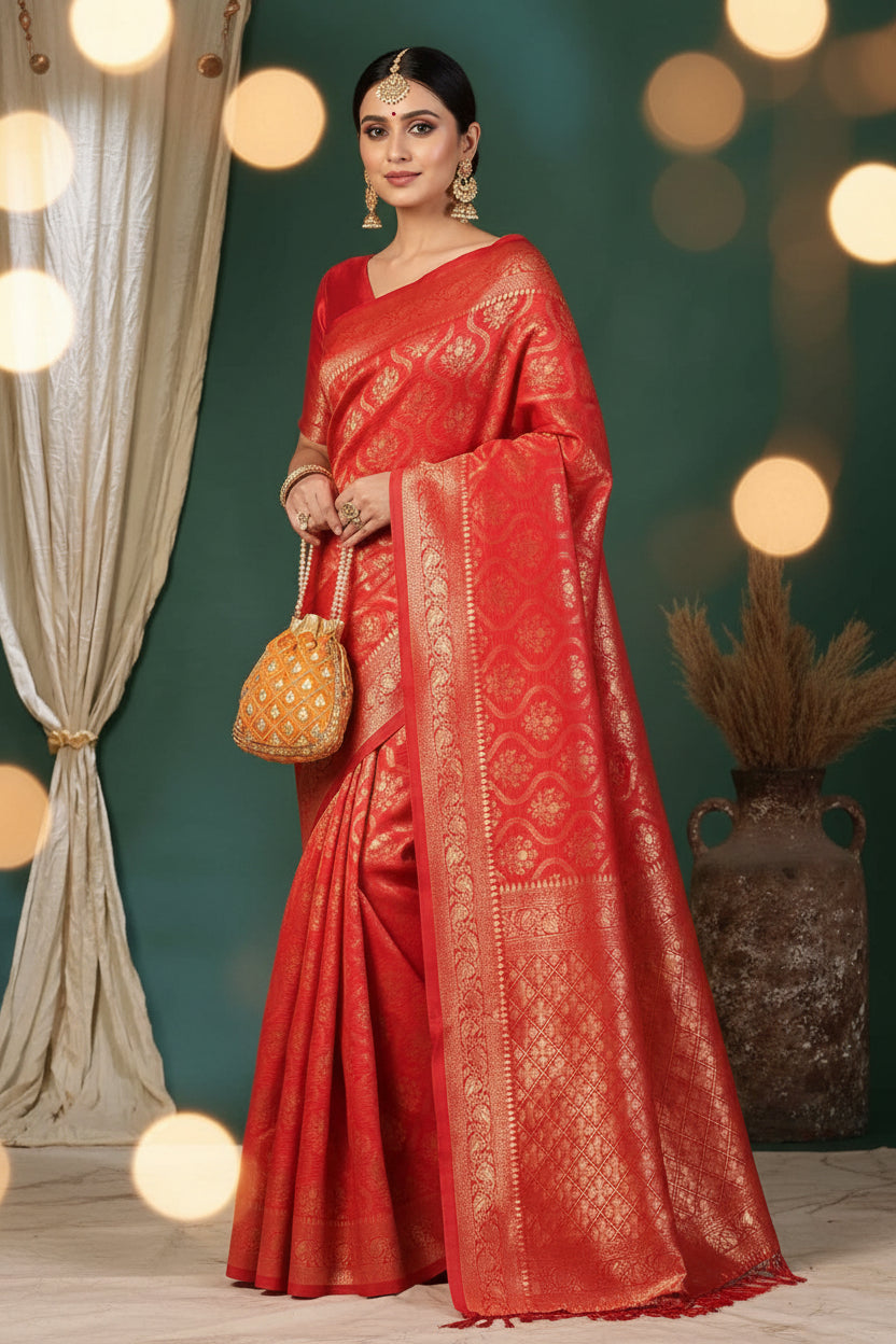 Front view of model in red Banarasi silk saree with gold zari ogee jaal and pearl potli bag