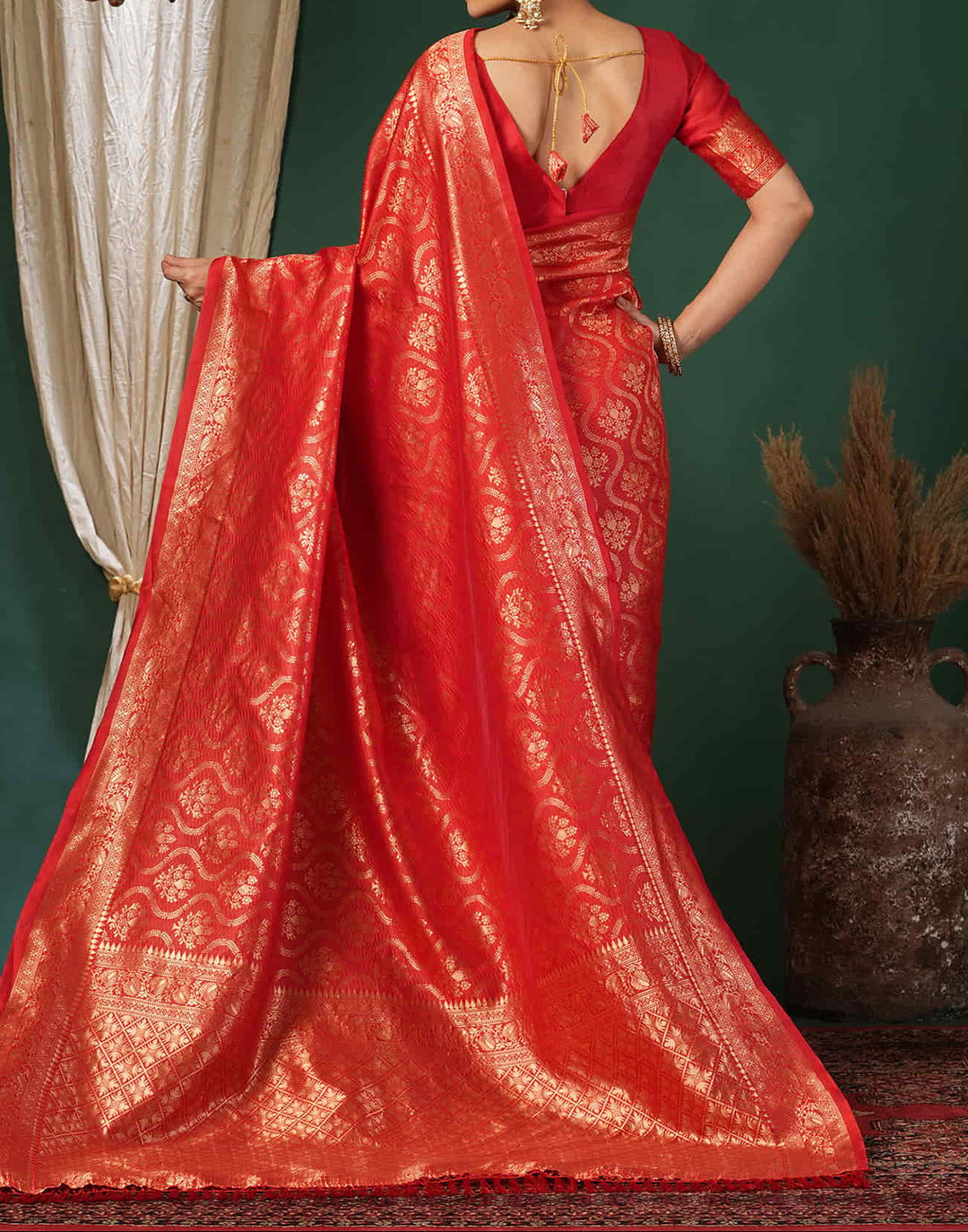 Close-up portrait of model in red Banarasi silk saree showing V-neck blouse with gold zari temple sleeve border