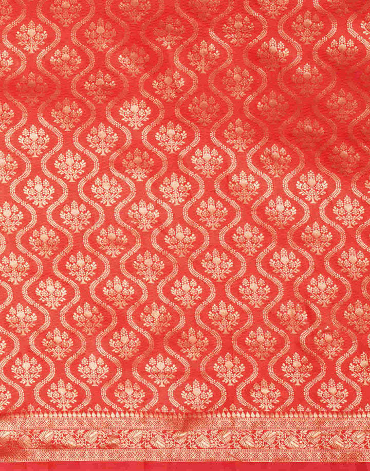 Blouse flat-lay illustration of red silk blouse with gold zari temple sleeve border and round neck design