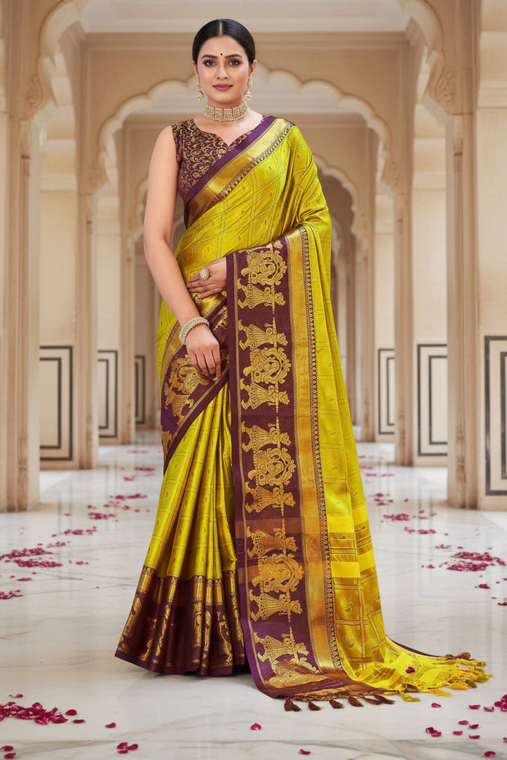 Yellow Green Kanjipuram Silk Saree with Wine Temple Border &amp; Brocade Blouse