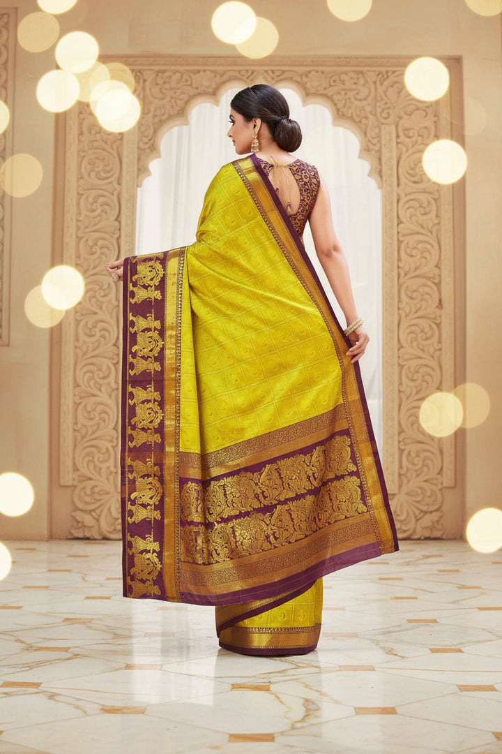 Yellow Green Kanjipuram Silk Saree with Wine Temple Border &amp; Brocade Blouse