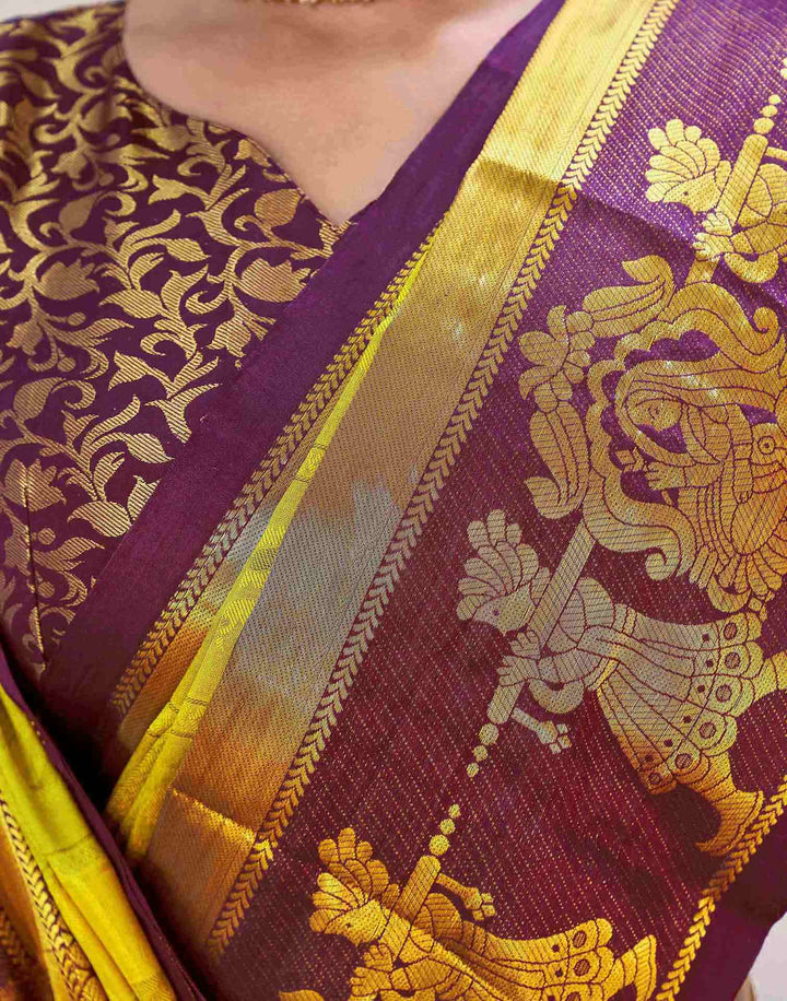 Yellow Green Kanjipuram Silk Saree with Wine Temple Border &amp; Brocade Blouse