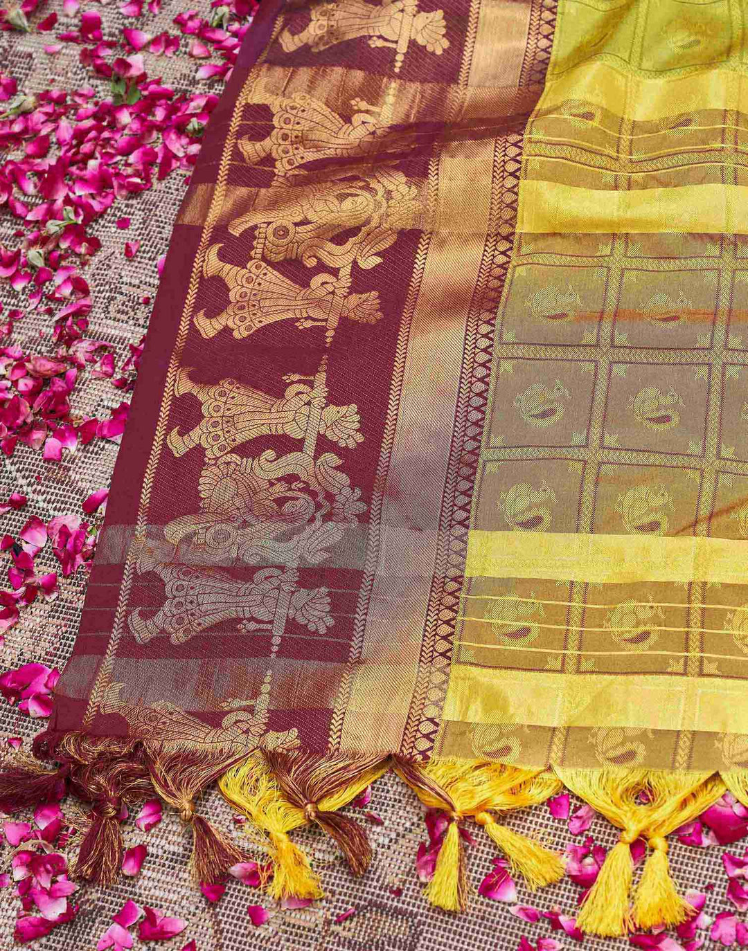 Yellow Green Kanjipuram Silk Saree with Wine Temple Border &amp; Brocade Blouse
