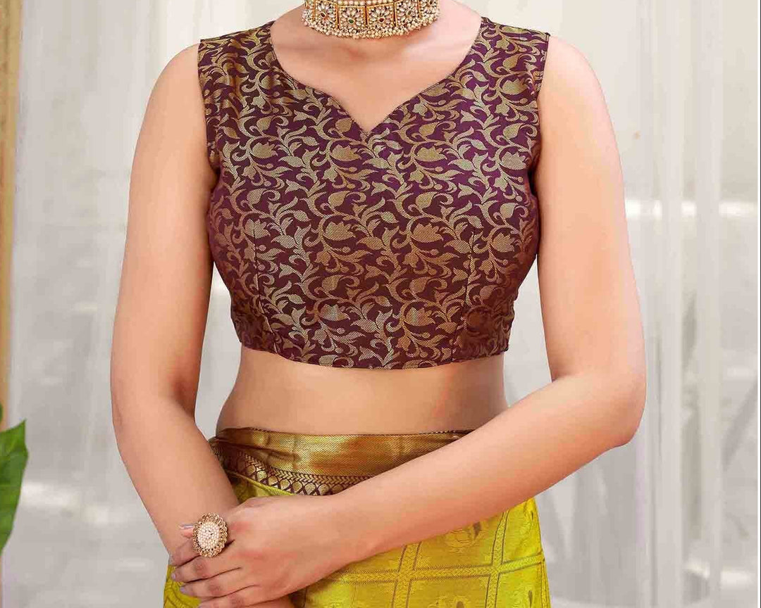 Yellow Green Kanjipuram Silk Saree with Wine Temple Border &amp; Brocade Blouse