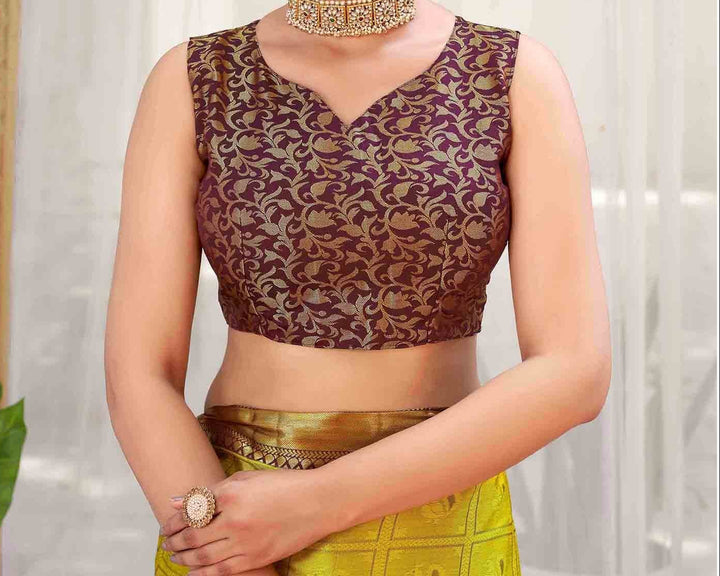 Yellow Green Kanjipuram Silk Saree with Wine Temple Border &amp; Brocade Blouse