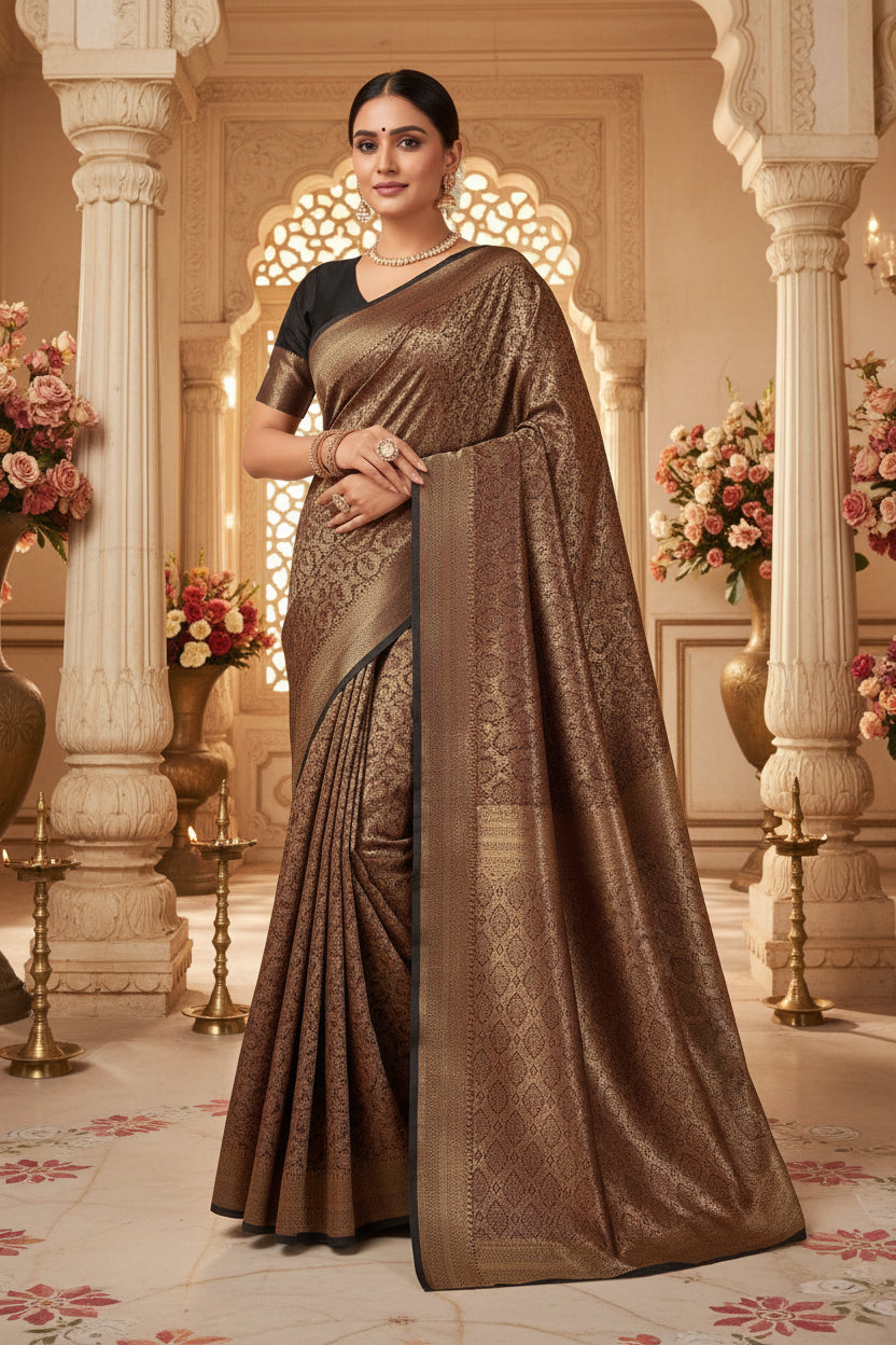 Dark Brown Banarasi Silk Saree with Copper Zari Jaal &amp; Black Blouse