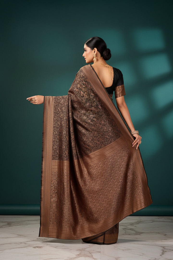 Dark Brown Banarasi Silk Saree with Copper Zari Jaal &amp; Black Blouse