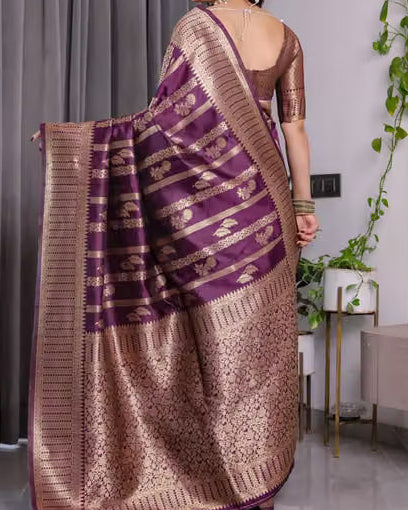 Purple Banarasi silk saree with gold zari - front view