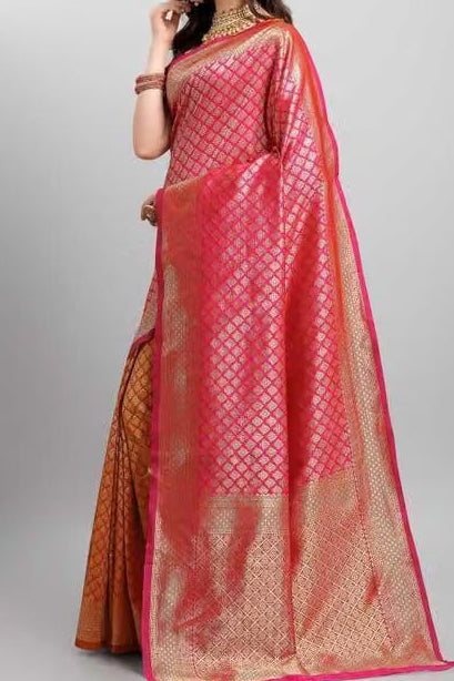 Model wearing pink orange Banarasi silk saree - side view showing full drape