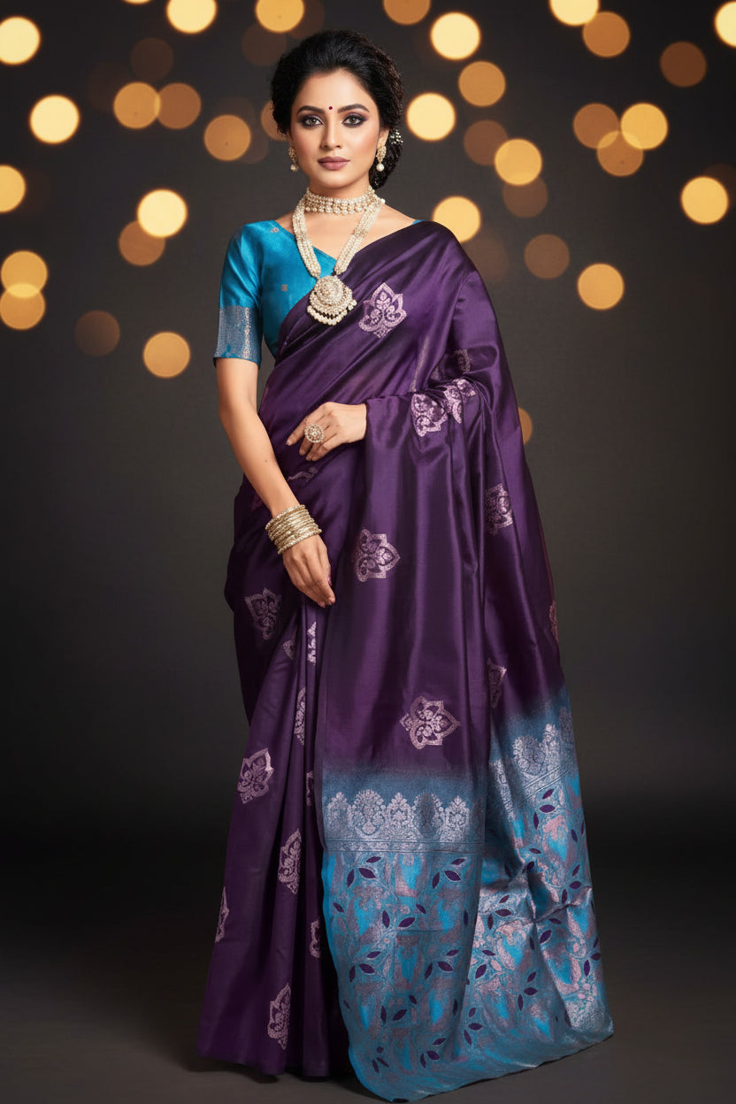Purple Teal Dual Tone Silk Saree - Full front drape view