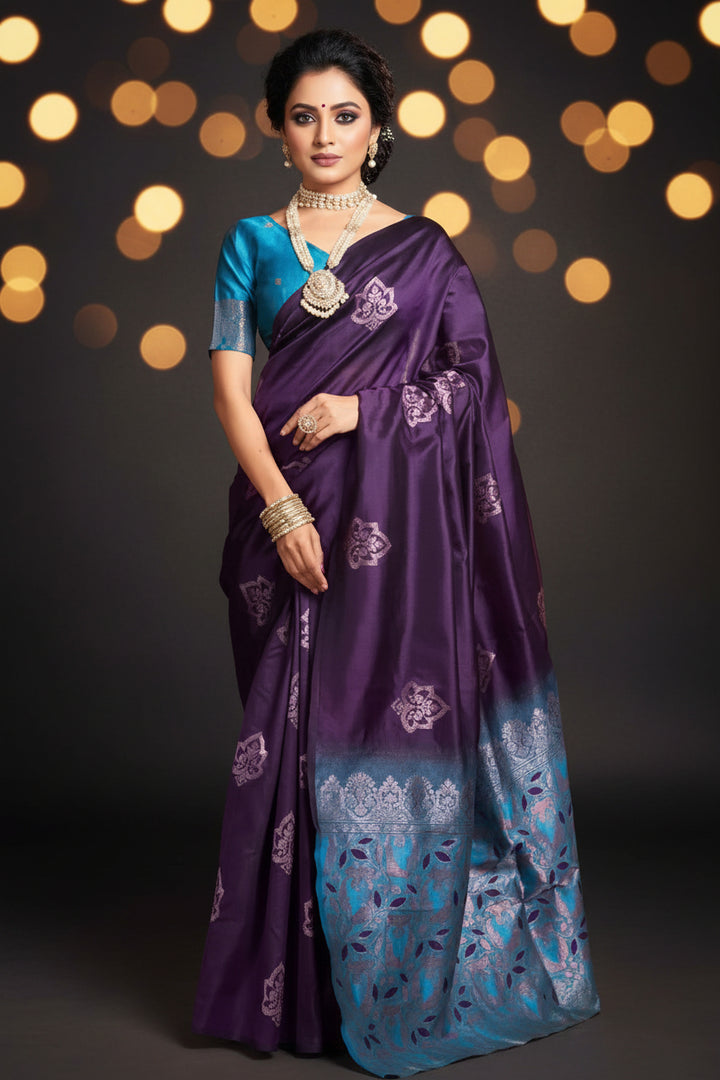 Purple Teal Dual Tone Silk Saree - Full front drape view