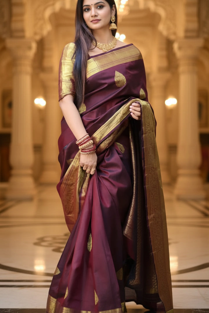 Wine Kanjipuram Silk Saree - Full standing drape outdoor view