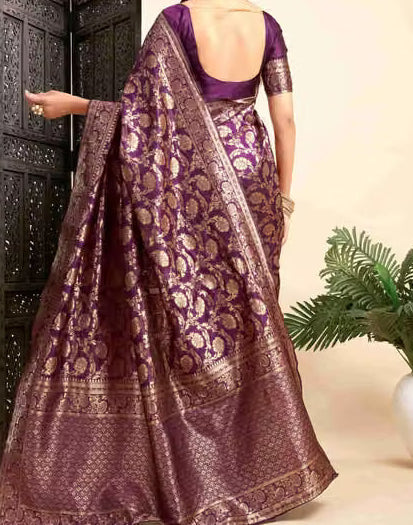 Model wearing deep purple Banarasi silk saree - back view showing pallu drape