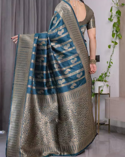 Teal Banarasi silk saree with silver zari - back drape view